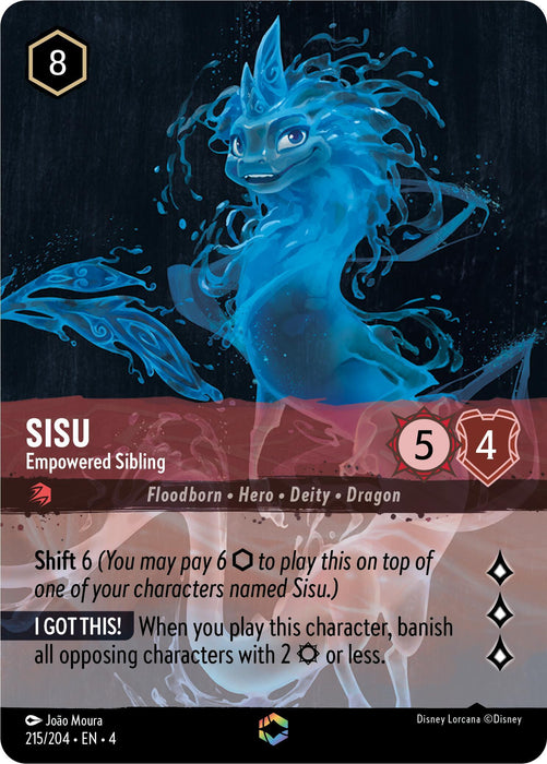 A blue dragon named Sisu is depicted in the card art, with glowing blue and white accents and water-like elements surrounding her. The card reads: “Sisu - Empowered Sibling (Enchanted) (215/204) [Ursula's Return].” This Floodborn Hero and Deity has a 5/4 strength and willpower, costs 8 ink to play, and has special abilities. Disney.