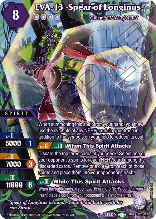 A trading card featuring EVA-13 -Spear of Longinus- (SAGA) (CB01-013) [Collaboration Booster 01: Halo of Awakening] from the Bandai game. This Collaboration Booster card is adorned with purple and green hues, detailing gameplay abilities, levels, and stats. Symbols indicating power levels and skills are visible on the bottom left corner.