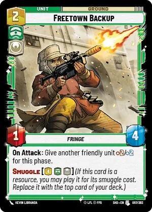 The card titled "Freetown Backup (097/262) [Shadows of the Galaxy]" from Fantasy Flight Games features an illustration of a soldier in beige and red attire, armed with a large gun, amidst action with bullets flying. It has the unit type "Fringe" with stats: 2 cost, 1 offense, 4 defense. The card abilities include "On Attack" and "Smuggle.