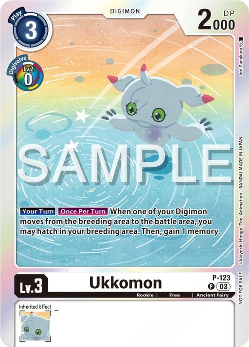 A Digimon promotional card featuring Ukkomon [P-123] (Beginning Observer Pre-Release Winner) [Promotional Cards]. The card displays Ukkomon, a small gray creature with blue eyes and pink-tipped ears, floating against a colorful, starry background. With a play cost of 3 and 2000 DP, it allows you to hatch an egg and gain 1 memory. Perfect for any promo collection!