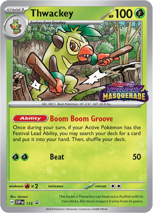 A Pokémon card for Thwackey (115) [Scarlet & Violet: Black Star Promos] with 100 HP. Thwackey is depicted drumming on tree stumps with sticks. The card has an ability, "Boom Boom Groove", and an attack, "Beat", which costs two energy and does 50 damage. It is a Stage 1 Grass type that evolves from Grookey in the Pokémon Scarlet & Violet - 151 subset.