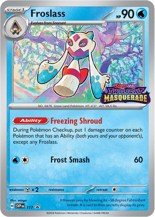 A Pokémon trading card of Froslass (117) [Scarlet & Violet: Black Star Promos]. This Stage 1 Water-type card from the Pokémon brand features an image of Froslass, a ghostly, humanoid Pokémon with a white body, red claws, and blue and yellow markings. The card details include 90 HP, abilities Freezing Shroud and Frost Smash, as well as weaknesses and resistances.