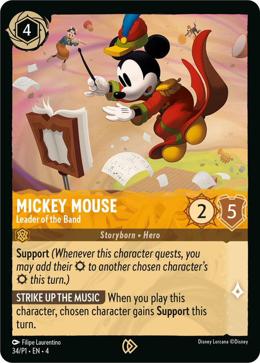 A Disney Mickey Mouse - Leader of the Band (34) [Promo Cards] featuring Mickey Mouse dressed as a conductor with a baton. The card title reads "Mickey Mouse, Leader of the Band." This exclusive promo card, available only until 2024-05-17, showcases Mickey's stats: 2 Strength and 5 Willpower with abilities "Support" and "Strike Up the Music," complete with imagery of musical notes.