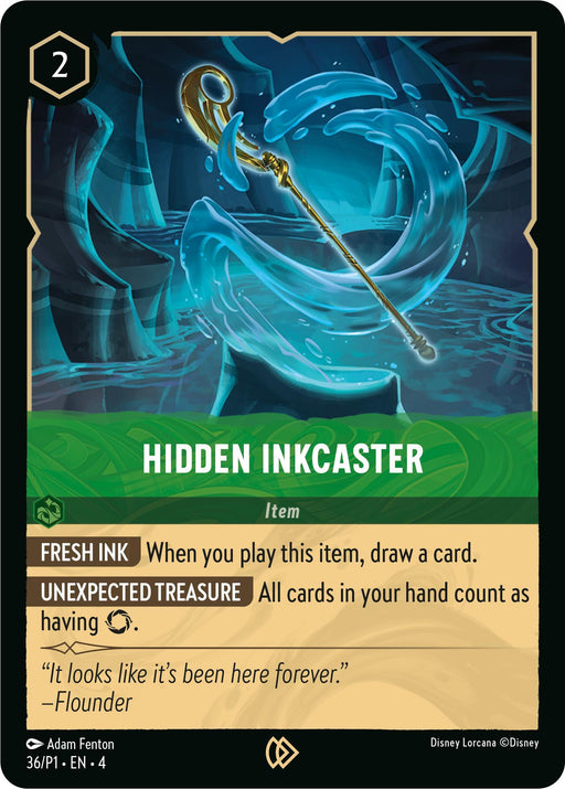 A Disney Hidden Inkcaster (36) [Promo Cards] trading card titled "Hidden Inkcaster" with a cost of 2. The card features an illustration of a magical quill pen surrounded by swirling, turquoise energy. Its abilities include "Fresh Ink" (draw a card when played) and "Unexpected Treasure" (all cards in hand count as "ink").
