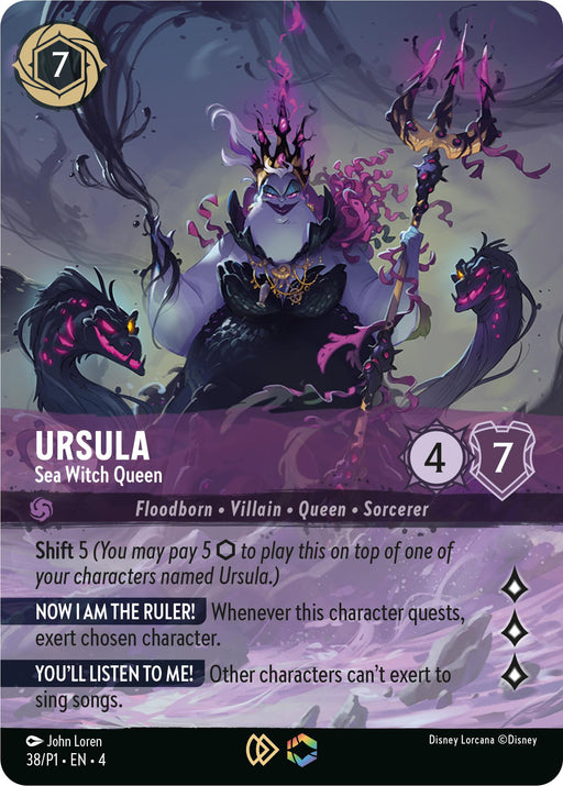 The Disney trading card "Ursula - Sea Witch Queen (Store Championship)" is a 7-cost floodborn villain with attributes of queen and sorcerer. This promo card, listed as 38/P1 - EN - 4, boasts stats of 4/7 and includes abilities such as Shift 5, exerting a chosen character to quest, and preventing others from exerting. The striking purple Ursula artwork prominently features in this edition.