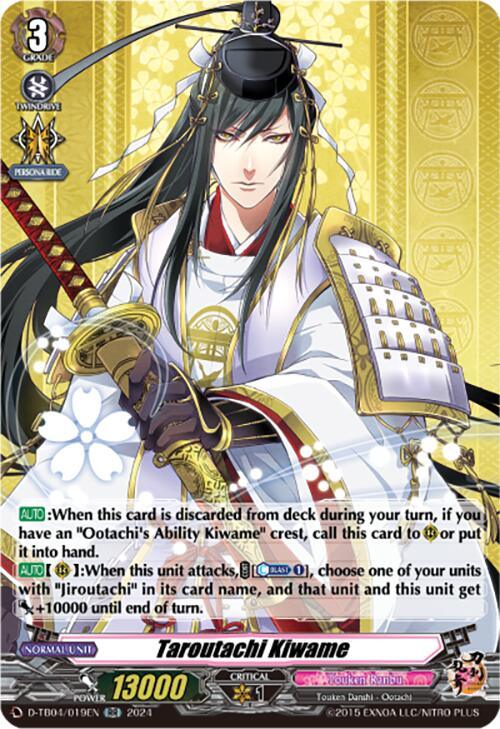 An anime-style trading card from Bushiroad, featuring the long-haired Taroutachi Kiwame (D-TB04/019EN) [Touken Ranbu ONLINE 2023]. The character is depicted in traditional Japanese attire, holding a sword. The card boasts a power rating of 13000, along with various stats, abilities like Twin Drive and Persona Ride, and additional game-specific details.