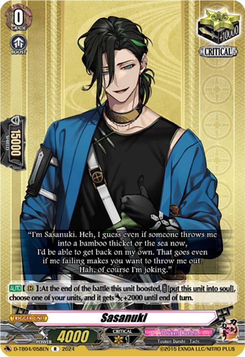 A rare card from Touken Ranbu ONLINE 2023 featuring Sasanuki. He has dark green hair, blue eyes, and wears a blue robe over a black outfit. The text reads, "I'm Sasanuki. Heh, I guess even if someone throws me into a bamboo thicket or the sea, I'd be able to get back on my own." Various stats and abilities are detailed on **Sasanuki (D-TB04/058EN) [Touken Ranbu ONLINE 2023] by Bushiroad**.