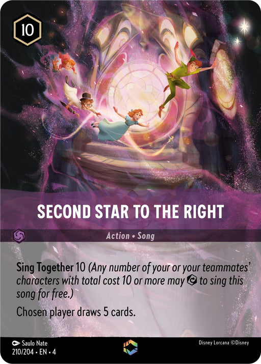 An action song card from Disney titled "Second Star to the Right (Enchanted) (210/204) [Ursula's Return]" with cost 10. Illustrations of Peter Pan, Wendy, John, and Michael flying towards a glowing star in an enchanted purple vortex. The card has a special effect allowing singing for free and drawing five cards.