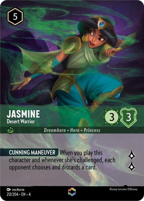 A card from the Disney Lorcana trading card game featuring Jasmine, titled "Jasmine - Desert Warrior (Enchanted) (212/204) [Ursula's Return]." Jasmine is depicted in a combative stance. The enchanted card shows her dreamborn categories, stats (3 attack, 3 defense), and has a special ability, Cunning Maneuver, to make opponents discard a card.