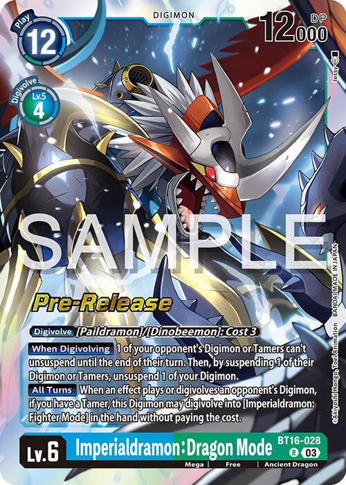 A rare trading card from the Digimon series titled "Imperialdramon: Dragon Mode [BT16-028] [Beginning Observer Pre-Release Promos]" with the identifier BT16-028. The card features an ancient dragon-like creature with armored plating, wings, and dynamic blue and red colors. The card details and sample watermark are overlaid on the image.