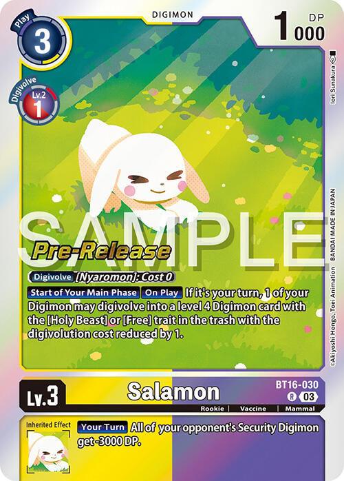 A rare Digimon trading card titled "Salamon [BT16-030] [Beginning Observer Pre-Release Promos]." The card features an illustrated dog-like creature with cream-colored fur and large, pink-tipped ears. The creature is smiling with closed eyes. The card text details its abilities, digivolution requirements, and stats.