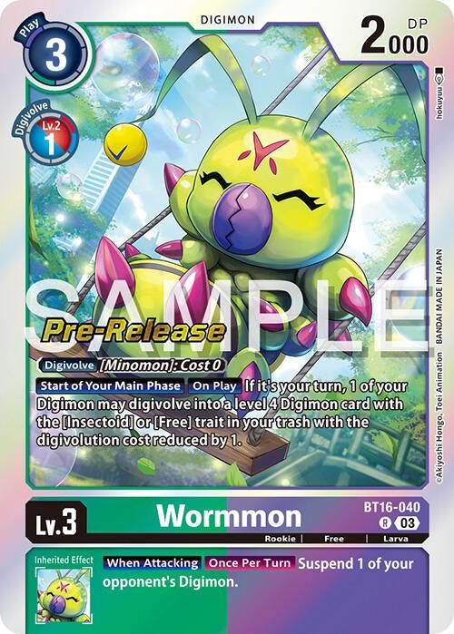 A rare Digimon card featuring "Wormmon," a rookie-level, green and yellow insect-like creature with four legs and antennae. This Wormmon [BT16-040] [Beginning Observer Pre-Release Promos] card has a play cost of 3, 2000 DP, special abilities for digivolving and suspending opponent Digimon, and features a "SAMPLE" text overlay.
