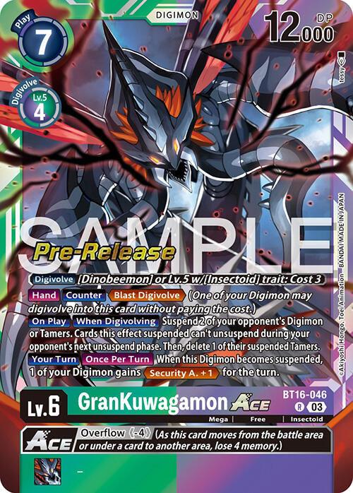 An illustrated Digimon card titled "GranKuwagamon Ace [BT16-046] [Beginning Observer Pre-Release Promos]." It features a Rare Insectoid with blue and purple beetle-like traits, sharp claws, and wings. The text details its abilities: level 6, play cost of 7, digivolve cost of 4, and 12,000 DP. It also can Blast Digivolve with numerous special effects and abilities.
