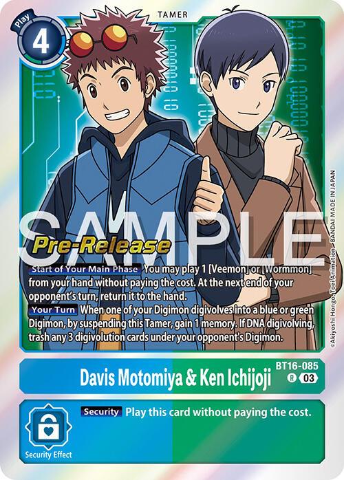 A "Digimon Card Game" featuring characters Davis Motomiya and Ken Ichijoji, labeled as a "Tamer" card with a cost of 4. The text highlights abilities to play Digimon cards and interact with DNA digivolution. The card, marked "Davis Motomiya & Ken Ichijoji [BT16-085] [Beginning Observer Pre-Release Promos]" with sample over the image, includes Veemon who digivolves effectively.