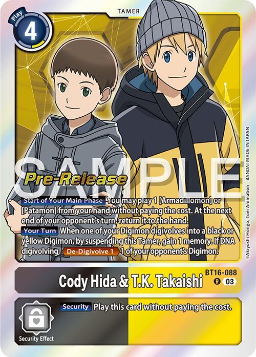 A rare Digimon trading card featuring Cody Hida & T.K. Takaishi [BT16-088] [Beginning Observer Pre-Release Promos]. The card displays text and rules for gameplay, a "Pre-Release" stamp, and showcases the two characters in a dynamic pose. Various gameplay instructions are printed on the card, along with references to game mechanics and effects.
