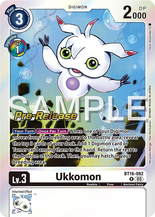 A digital Digimon card from the Beginning Observer Pre-Release Promos features Ukkomon [BT16-082] [Beginning Observer Pre-Release Promos], a white, ghost-like creature with big blue eyes, small fangs, and three sprouts on its head. The rare rarity card displays detailed mechanics involving the breeding area and deck manipulation. Text overlays read "SAMPLE.