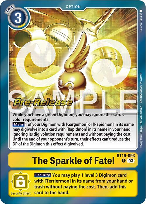 A Digimon card titled "The Sparkle of Fate! [BT16-093] [Beginning Observer Pre-Release Promos]" with a cost of 3 in the top left. It shows a golden ankh with wings on a yellow bolt background. Text details the card's functionality, including Digivolution requirements involving Rapidmon and Security Effects. It is marked "Pre-Release" with the code BT16-093.
