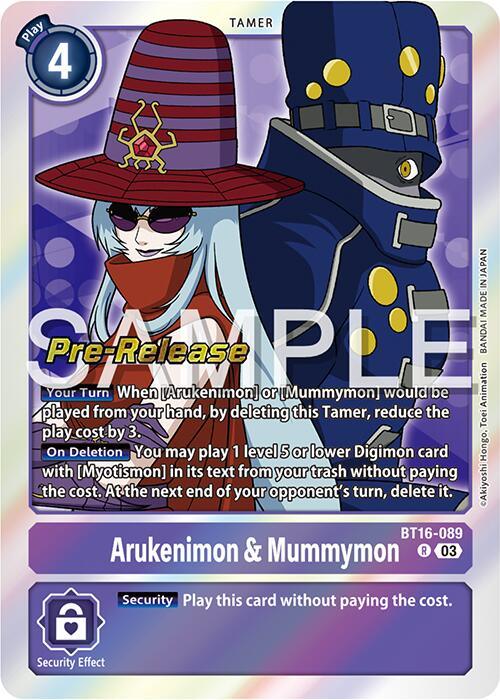 A Digimon card titled "Arukenimon & Mummymon [BT16-089] [Beginning Observer Pre-Release Promos]" from the BT16 set. It features two characters: a female figure in a red striped hat and sunglasses, and a male figure in blue with yellow buttons and a tall hat. This Rare Tamer card has various effects, a cost of 4, and the number “BT