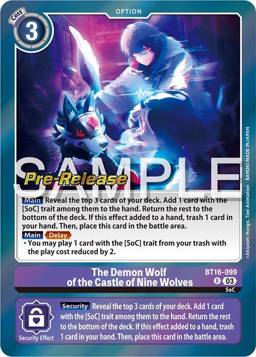 A card from the Digimon card game featuring "The Demon Wolf of the Castle of Nine Wolves [BT16-099] [Beginning Observer Pre-Release Promos]." The rare card shows an image of a dark-cloaked figure with a glowing red eye, accompanied by a fierce wolf-like creature. It includes "Pre-Release" text and detailed game mechanics.