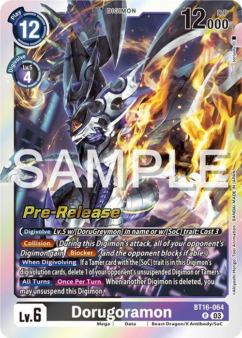 A Digimon card featuring Dorugoramon [BT16-064] [Beginning Observer Pre-Release Promos], a Level 6 Mega Beast Dragon Digimon. The card showcases Dorugoramon with sharp claws, metallic armor, and a dark, menacing presence with flames. Text includes its details and abilities. The card has the "Beginning Observer Pre-Release Promos" label and a "SAMPLE" watermark.
