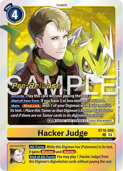 A digital card featuring "Hacker Judge [BT16-086] [Beginning Observer Pre-Release Promos]" from the Digimon card game. The card displays a male character with light hair and green eyes, wearing a dark jacket, accompanied by a yellow and green Digimon Pulsemon with large ears. The text includes game rules and abilities, with "Pre-Release" in large letters.