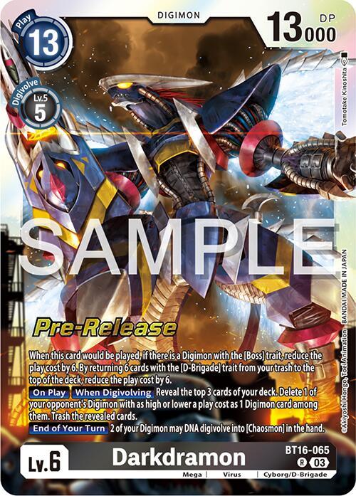 A rare Digimon card featuring Darkdramon [BT16-065] [Beginning Observer Pre-Release Promos], a powerful, robotic dragon with red, blue, and yellow armor. Text details its D-Brigade trait abilities such as reducing cost and drawing cards. The card has a play cost of 13, 13,000 DP, is level 6 from the Cyborg family. Labeled "Beginning Observer Pre-Release Promos" in yellow.
