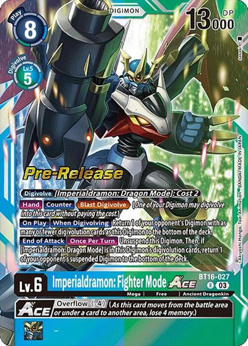 The image displays a rare Digimon card featuring "Imperialdramon: Fighter Mode Ace [BT16-027] [Beginning Observer Pre-Release Promos]." The card has a blue border and shows dynamic artwork of the Ancient Dragonkin, Imperialdramon, with cannons. It has a Level of 6, 13000 DP, and various abilities and stats detailed in text boxes. The card is labeled "Pre-Release.