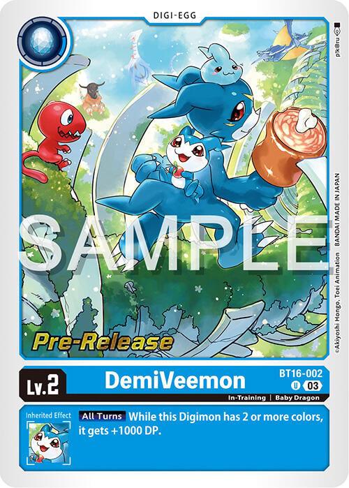 A Digimon DemiVeemon [BT16-002] [Beginning Observer Pre-Release Promos] trading card featuring DemiVeemon, a blue baby dragon-like creature with a small horn and red eyes. Surrounded by playful, smaller Digi-Eggs in a vibrant, forested area with tall trees and blooming flowers, the card has "Pre-Release" text and an effect description at the bottom.