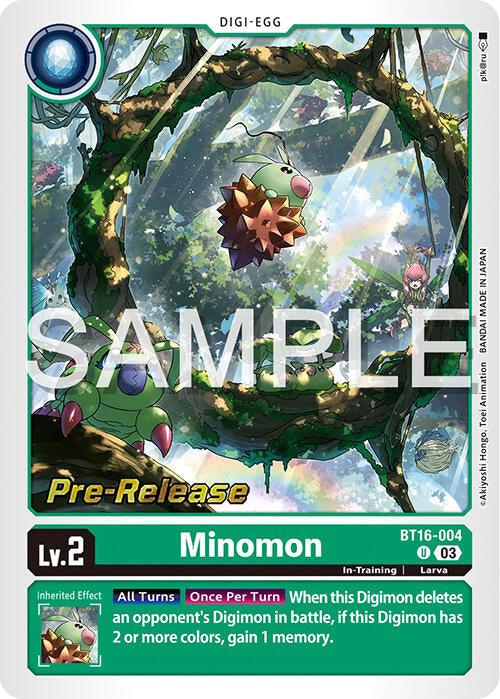 A Digimon trading card for Minomon [BT16-004] [Beginning Observer Pre-Release Promos] with "Pre-Release" in gold at the bottom. It shows Minomon, a green, round Digi-Egg with red eyes and brown spikes, hanging from a branch in a forest. The card includes details like "Lv.2," "BT16-004," and game mechanics text. "SAMPLE" is overlaid on the image.