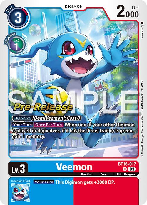 A "Digimon" trading card titled "Veemon [BT16-017] [Beginning Observer Pre-Release Promos]" featuring a Rookie blue Mini Dragon adorned with a yellow V-shaped symbol on its forehead. With a play cost of 3 and DP of 2000, the card includes various game effects like "Pre-Release" and digivolution abilities. Numbered BT16-017.