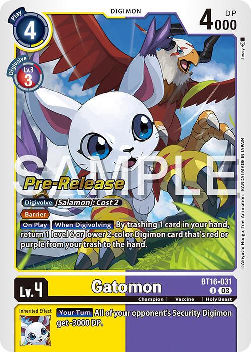 A Digimon card for Gatomon [BT16-031] [Beginning Observer Pre-Release Promos] features an illustrated cat-like creature with large, green eyes and purple-tipped ears. In the background, a flying bird Digimon is present. The card's text details its abilities, cost, and stats, highlighting its power to Digivolve. "SAMPLE" is watermarked diagonally across the image.