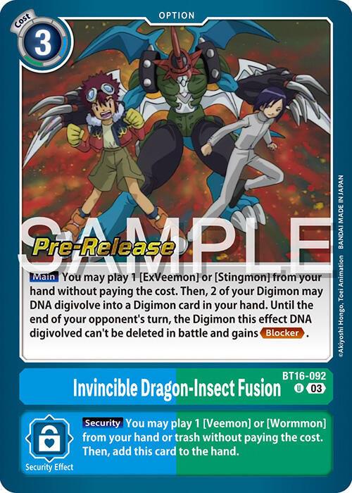 The image is of a Digimon card titled "Invincible Dragon-Insect Fusion [BT16-092] [Beginning Observer Pre-Release Promos]," labeled with "Option" and "Beginning Observer Pre-Release Promos" tags. The card cost is 3. The main effect allows playing Veemon or Stingmon without cost and DNA digivolving them into a Blocker Digimon, while the security effect plays Veemon or Wormmon from hand or