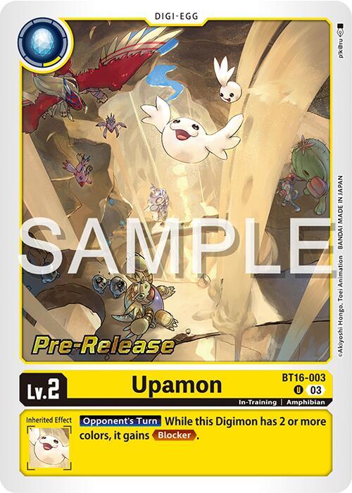 A Beginning Observer Pre-Release Promo, this Digimon card features Upamon [BT16-003] [Beginning Observer Pre-Release Promos], a white, floating, egg-shaped creature with a smiling face. The background shows other Digimon in a bright, desert-like environment. The card details an inherited effect granting "Blocker" and attributes like "Lv.2," "Digi-Egg," and "Amphibian.