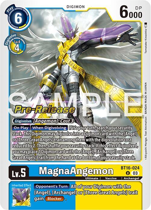 A Digimon card featuring MagnaAngemon [BT16-024] [Beginning Observer Pre-Release Promos], an Archangel Level 5 Digimon with 6000 DP. The "Pre-Release" card has a play cost of 6 and showcases its white and purple armor with wings. Below, its abilities and inherited effects for Digivolve are detailed. The card is designated BT16-024.