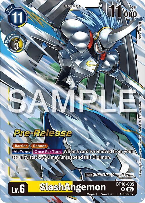 A Digimon card featuring SlashAngemon [BT16-035] [Beginning Observer Pre-Release Promos], a humanoid angelic figure with blue armor, wings, and a sword, flying against a futuristic background. The Mega-level card boasts stats such as "Level 6," "Play 11," "11,000 DP," and abilities like "Barrier" and "Reboot." The word "SAMPLE" is overlaid vertically.
