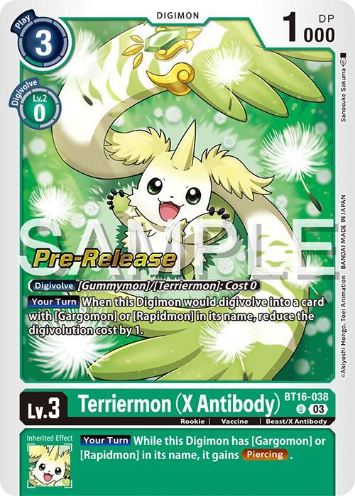 A Digimon card featuring Terriermon (X Antibody) [BT16-038] [Beginning Observer Pre-Release Promos]. The small green creature with large white ears and a cheerful expression is set against a vibrant background of green and white light effects. Text detailing its abilities and game stats is prominently displayed, making it a must-have for Pre-Release Promos.