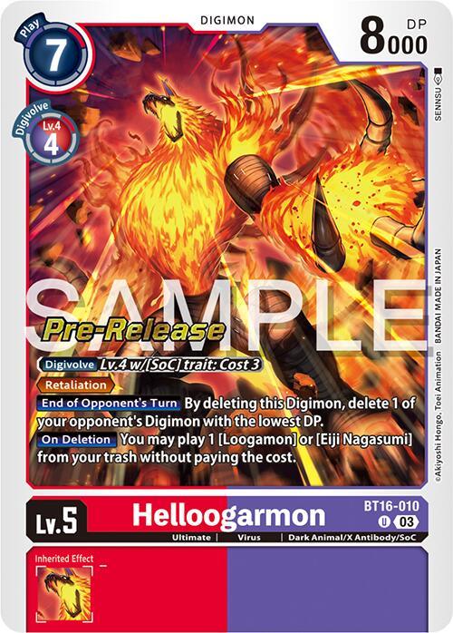 A Digimon card features Helloogarmon [BT16-010] [Beginning Observer Pre-Release Promos], a fiery Dark Animal/X Antibody monster with outstretched claws and menacing eyes. The card has a red border, a play cost of 7, and indicates level 4 digivolution costs 3 memory. It includes abilities to delete an opponent's Digimon and interact with Eiji Nagasumi.