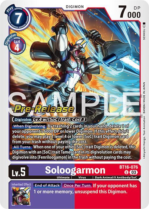 Image of the Digimon card "Soloogarmon [BT16-076] [Beginning Observer Pre-Release Promos]." It's a Lv. 5 blue Ultimate with 7000 DP, showcasing an armored and clawed creature surrounded by dynamic electric energy. The Beginning Observer Pre-Release Promos note overlays the card, highlighting its SoC trait.