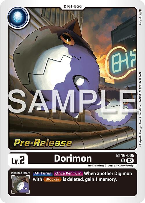 A Digimon card depicting Dorimon [BT16-005] [Beginning Observer Pre-Release Promos], an In-Training level, Lesser/X antibody type Digi-Egg. Dorimon has a purple and white body with a fixed, determined expression. Text includes "Pre-Release," "BT16-005," and inherited effect details. A SAMPLE watermark overlays the card, hinting at its Blocker ability.
