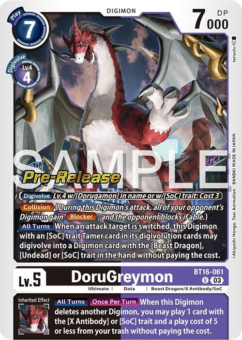 Image of the Digimon card "DoruGreymon [BT16-061] [Beginning Observer Pre-Release Promos]." This level 5 Beast Dragon trait card from the Beginning Observer Pre-Release Promos features a red and white armored dragon-dinosaur-like creature with a mechanical look, holding a chain in one claw. It has special abilities “Collusion” and “Inherited Effect,” with 7000 DP and a play cost of 7. The