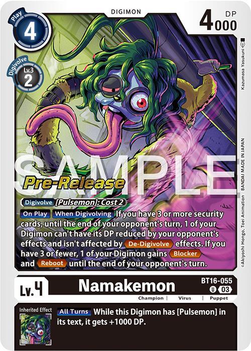 A Digimon card featuring "Namakemon [BT16-055] [Beginning Observer Pre-Release Promos]." Namakemon is depicted as a green, grotesque creature with sharp claws and long purple hair. With a play cost of 4 and a digivolution cost of 2, it has 4000 DP. The card includes abilities and a sample watermark overlay, demonstrating its potential to digivolve like Pulsemon.