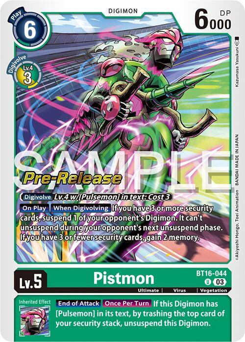 A Digimon card featuring Pistmon [BT16-044] [Beginning Observer Pre-Release Promos] from the Digimon card game. The Pre-Release Promos card shows a green, futuristic humanoid figure with angular armor and pink energy accents. It costs 6, has 6000 DP, and evolves from a level 4 Digimon with a cost of 3. The card text details its abilities and effects.