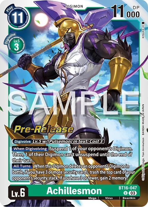 A Digimon trading card for Achillesmon [BT16-047] [Beginning Observer Pre-Release Promos] featuring a muscular, golden-armored figure with a purple mane, shield, and spear. The card is part of the Beginning Observer Pre-Release Promos series, has 11 Power points, is Level 6, and suspends opponent Digimon while drawing cards when deleting one.