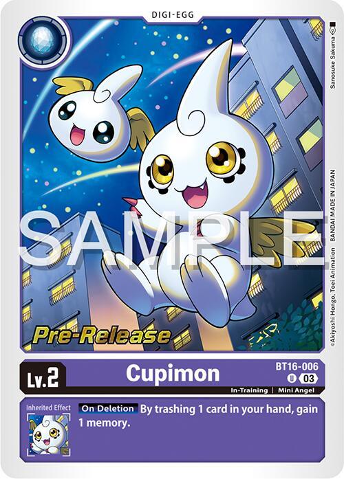 A trading card featuring Cupimon, a white, angelic Digi-Egg type Mini Angel Digimon with large, expressive eyes and golden wing-like appendages. The background shows a nighttime cityscape. The card is labeled "Pre-Release" and "Lv.2". Text at the bottom details its ability: "By trashing 1 card in your hand, gain 1 memory." The product name is Cupimon [BT16-006] [Beginning Observer Pre-Release Promos] by Digimon.