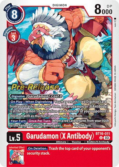 A Digimon card for "Garudamon (X Antibody) [BT16-011] [Beginning Observer Pre-Release Promos]" showcases a red and white bird-like Digimon. This Level 5, Vaccine type Birdkin/X-Antibody boasts 8000 DP and costs 8 to play. Featuring a "Pre-Release" stamp, it also includes detailed digivolving instructions and effects in text.