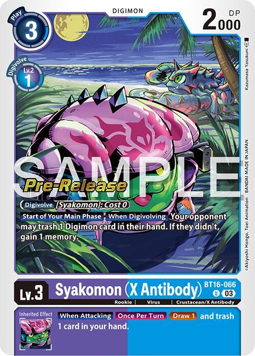 A Digimon card titled "Syakomon (X Antibody) [BT16-066] [Beginning Observer Pre-Release Promos]" from the BT16-066 series, part of the Beginning Observer Pre-Release Promos. The card features an armored, pink and green crustacean-like creature with spikes. It has "Pre-Release" labeled in gold. The card's play cost is 3, with a DP of 2000 and a Digivolve.