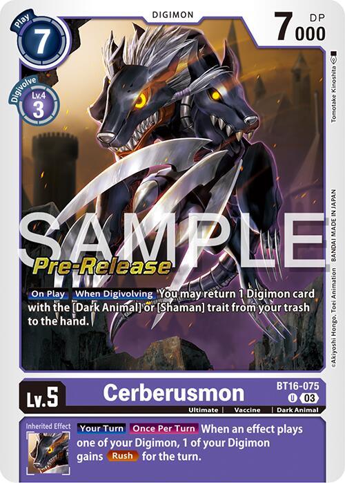 A Digimon Cerberusmon [BT16-075] [Beginning Observer Pre-Release Promos] card featuring Cerberusmon, the Dark Animal Digimon in its Ultimate form. The creature has three wolf-like heads with glowing eyes, dark fur, and prominent fangs, standing in a fiery environment. "DIGIMON," "DP 7000," and "Lv. 5" are prominently displayed, with a "SAMPLE" watermark overlaying the image.
