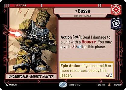 A trading card from the game "Star Wars: Destiny" features Bossk, a reptilian bounty hunter from Shadows of the Galaxy, wielding a gun with red laser firing. The card includes abilities: "Action: Deal 1 damage to a unit with a BOUNTY," and an epic action condition: "If you control 5 or more resources, deploy this leader." This product is officially known as Bossk — Hunting His Prey (010/262) [Shadows of the Galaxy] by Fantasy Flight Games.