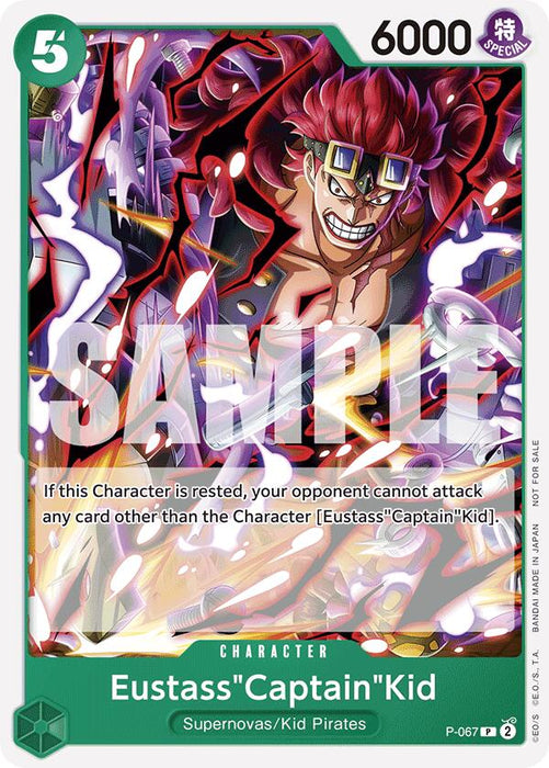 A promotional trading card features Eustass "Captain" Kid from the Supernovas/Kid Pirates with 6000 power. He sports red hair, goggles on his forehead, and a mechanical arm. The special effect prevents opponents from attacking other cards if this card is rested. Watermark reads "SAMPLE. This specific product is Eustass"Captain"Kid (OP-07 Pre-Release Tournament) [One Piece Promotion Cards] by Bandai.