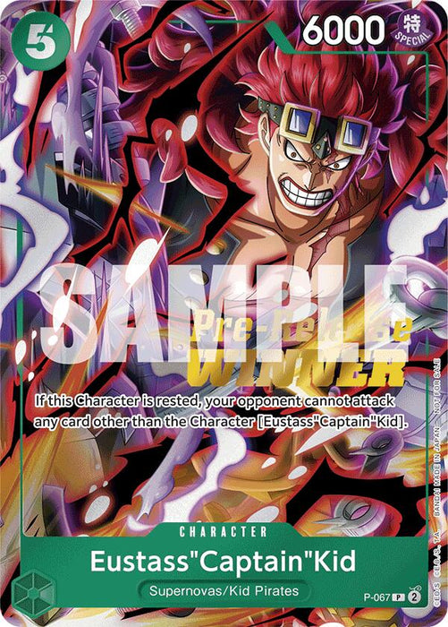 A multicolored Eustass "Captain" Kid (OP-07 Pre-Release Tournament) [Winner] [One Piece Promotion Cards] by Bandai featuring Eustass "Captain" Kid from the Supernovas/Kid Pirates. Kid has spiky red hair, goggles, and a fierce expression. Text on the card reads, "If this Character is rested, your opponent cannot attack any card other than the Character 'Eustass 'Captain' Kid.'